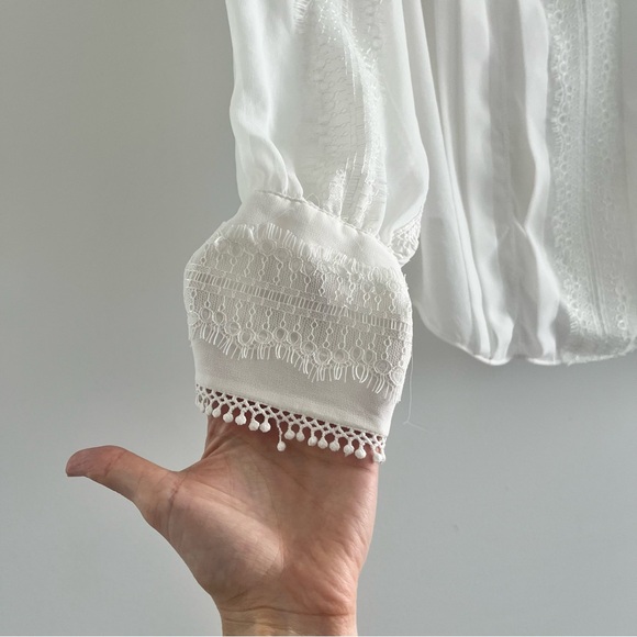 White House Black Market Mock Neck Lace Trim Sheer Blouse Size M - Picture 5 of 14